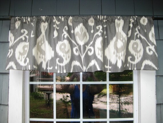 Ikat Gray Contemporary Kitchen Valance Straight-Hem Gathered Rod Pocket Window Treatment in Magnolia Java Fabric Color Pewter Living Room