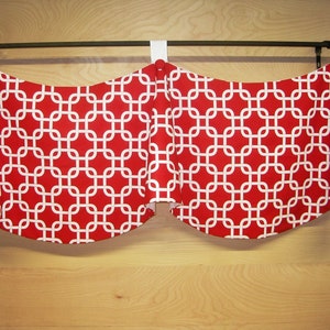 Valance Ready to Ship! Button Tab Custom Claudine Scoop & Horn Imperial Window Treatment on Rod in Premier Prints Gotcha Lipstick Red White