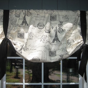 Valance Stage Tie Up Window Treatment Premier Prints French Stamp Onyx Natural Fabric Eifle Tower Toile Black Straps Mock Roman