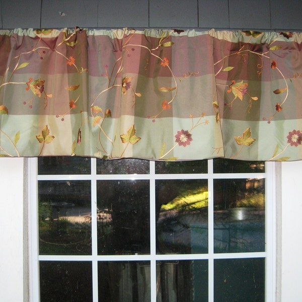 Curtain Valance Ready to Ship! Gathered Straight-Hem Rod Pocket Window Treatment in Plum, Sage, Square Embroidered Faux Silk Fabric