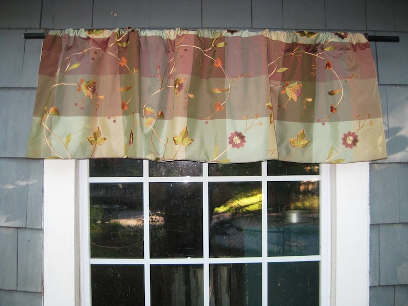 Sage Gathered Straight-Hem Rod Pocket Window Treatment in Plum Square Embroidered Faux Silk Fabric Curtain Valance Ready to Ship