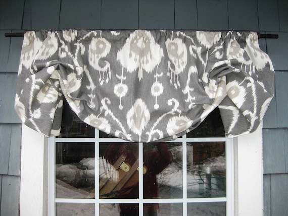 Ikat Gray Contemporary Kitchen Valance Straight-Hem Gathered Rod Pocket Window Treatment in Magnolia Java Fabric Color Pewter Living Room