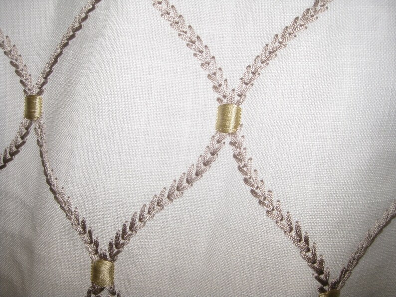 Gathered Mock Roman Rod Pocket Window Treatment in Ivory Linen with Gold Scroll Quatrefoil Embroidery Elegant Living Valance Ready to Ship