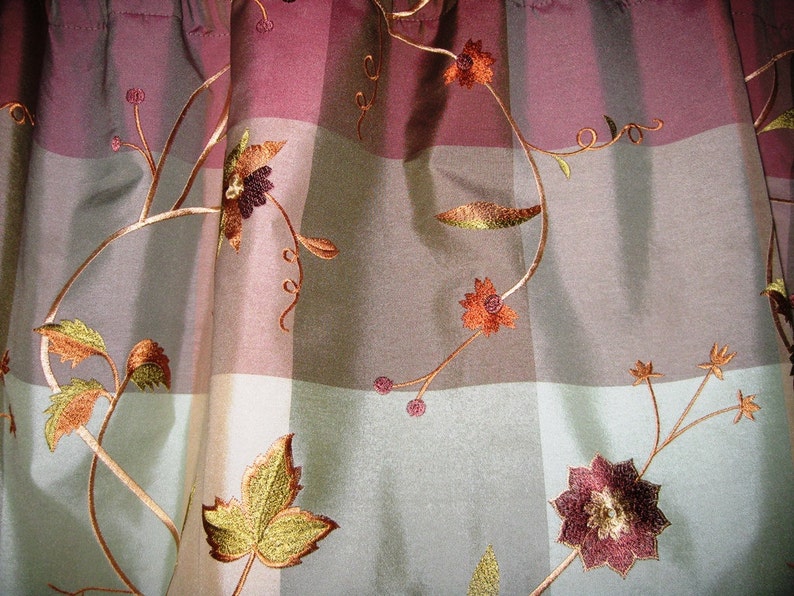 Sage Gathered Straight-Hem Rod Pocket Window Treatment in Plum Square Embroidered Faux Silk Fabric Curtain Valance Ready to Ship