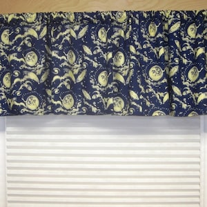 Ready to Ship Window Treatment! Gathered Straight Hem Rod Pocket Valance in Sykel&#39;s Old Farmer&#39;s Almanac Fabric Blue Yellow Moons Celestial