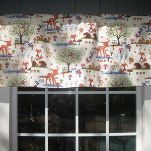 Valance Ready to Ship! Gathered Straight-Hem Rod Pocket Window Treatment Bright Eyed Bushy Tail Animals in Forest Fabric Children Kids Baby