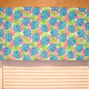 Ready to Ship Valance! Rod Pocket Window Treatment Palmrise Aruba Fabric Color Wind Pink Aqua Palm Leaves Tropical
