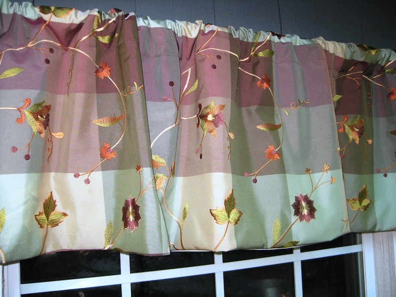 Sage Gathered Straight-Hem Rod Pocket Window Treatment in Plum Square Embroidered Faux Silk Fabric Curtain Valance Ready to Ship