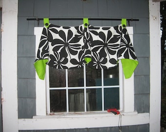 Ready to Ship Valance Claudine Scoop & Horn Imperial Window Treatment on a Rod in Modern Floral Twirly fabric Black/White Lime Lining, Tabs