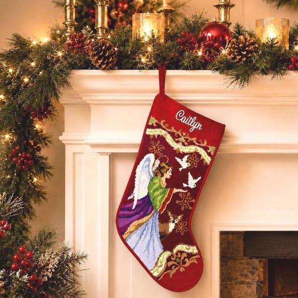 Angel Christmas stockings, Personalized Needlepoint Family Holiday Stocking, Gift for Mom and Grandma, Christmas Mantle Decor