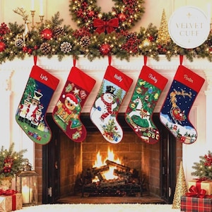 May include: Five Christmas stockings hanging from a fireplace mantel, each featuring a red cuff with embroidered names Lyla, Holly, Finley, and Porter. The stockings display festive needlepoint designs including nutcrackers, a gingerbread man, a snowman, a rocking horse, and Santa in a sleigh.