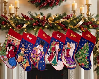 Matching Family Christmas Stockings | Needlepoint and Velvet Personalized Mantel Decor