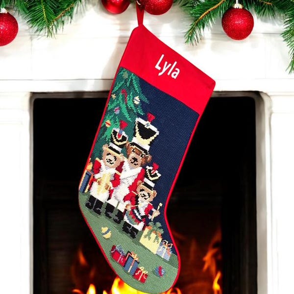 Personalized Needlepoint Christmas Stocking – Bear Soldiers, Family Keepsake