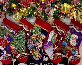 Personalized Needlepoint Christmas Stockings, Monogrammed Family stocking, Santa, Angel Nutcracker, Toys, Christmas Tree Seasonal Gifts