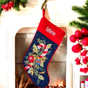 Candy Cane Christmas Stockings, Personalized Needlepoint Family Holiday Gift for Her, Baby's First Christmas, Gift for Grandma
