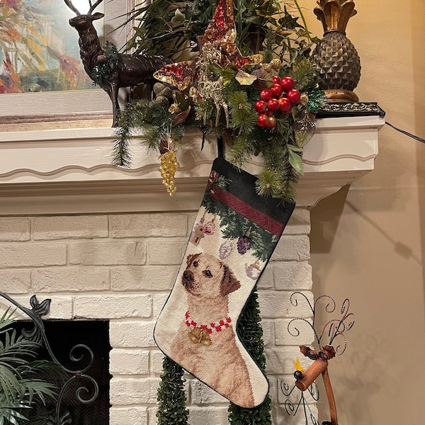 Yellow Lab w/Collar Personalized Needlepoint Christmas Stocking, dog Christmas Stockings, holiday dog lover, personalised monogrammed, pet