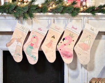 Personalized Pink Christmas Stockings for Girls |  Mermaid, Ballerina, Unicorn and Flamingo Designs