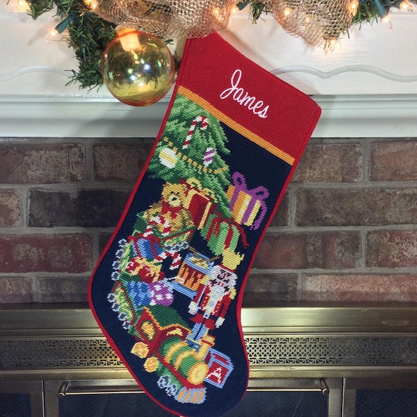 Toys Christmas stockings, Personalized Needlepoint stockings, Family Heirloom Holiday, personalised embroidered stocking