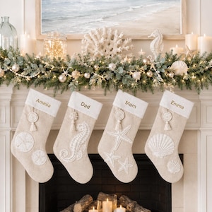Personalized Coastal Christmas Stocking | Beach House Linen Holiday Family Stocking
