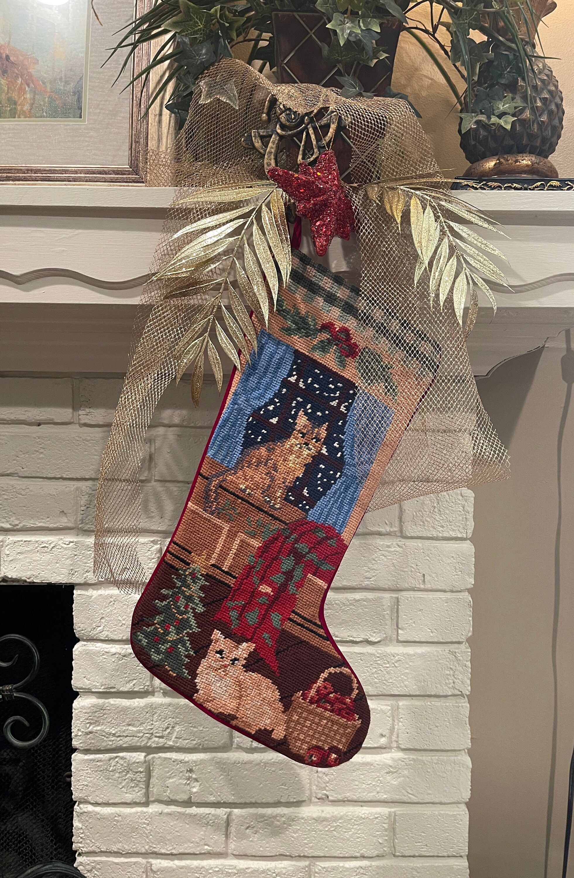Orange Tabby Cat needlepoint stocking, Personalized Christmas stockin…