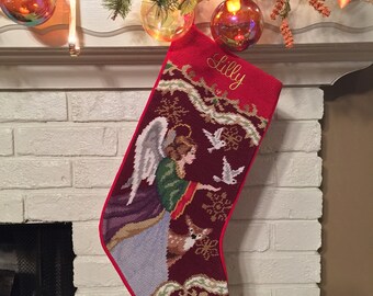 Angel Personalized Needlepoint Christmas stockings, Monogram Family Holiday Stocking Gift for Her, Christmas Decor