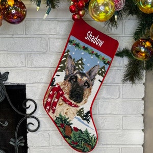 German Shepherd Personalized Needlepoint Dog Christmas Stocking, Holiday Pet stockings, Personalized Seasonal Gift for Her, Dog Stocking image 1