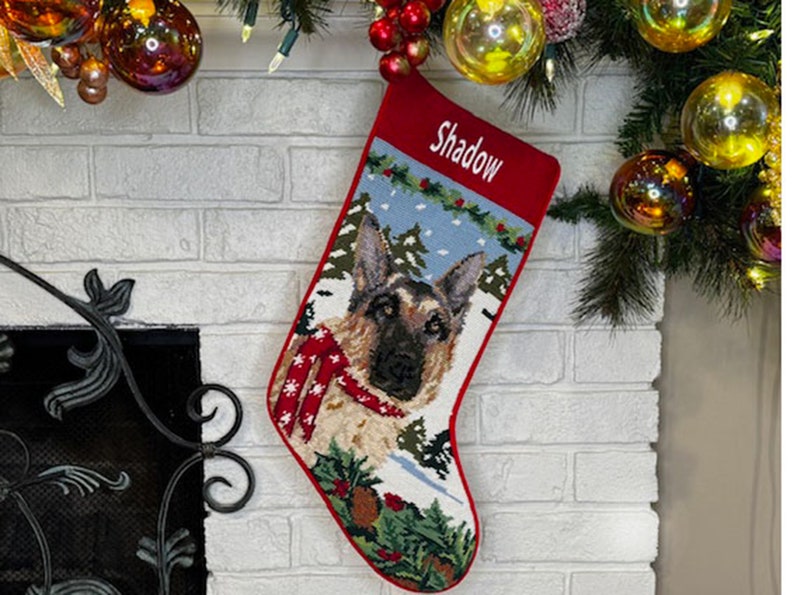 German Shepherd Personalized Needlepoint Dog Christmas Stocking, Holiday Pet stockings, Personalized Seasonal Gift for Her, Dog Stocking image 1