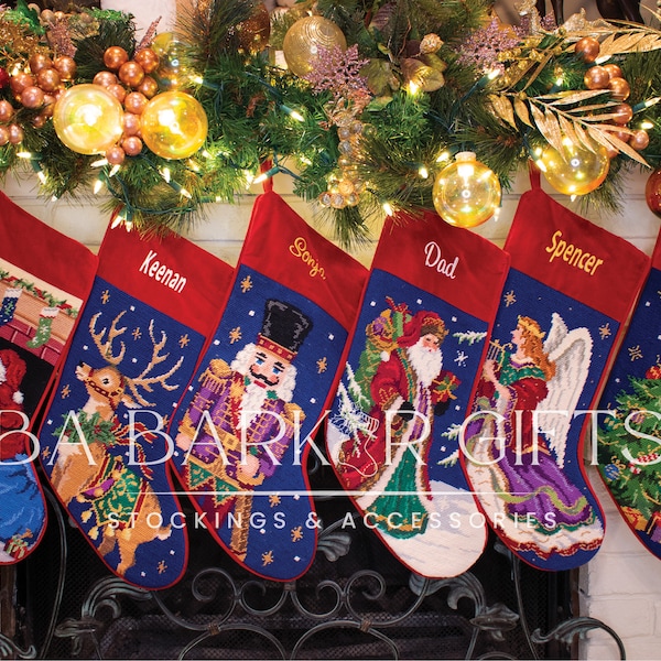 Needlepoint Christmas Stocking Personalized Santa Stocking Angel stocking Reindeer and Nutcracker Traditional Stocking Gifts for Family