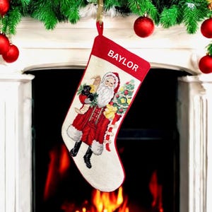 Personalized Needlepoint Christmas Stocking: Santa & Puppy with Monogrammed Name