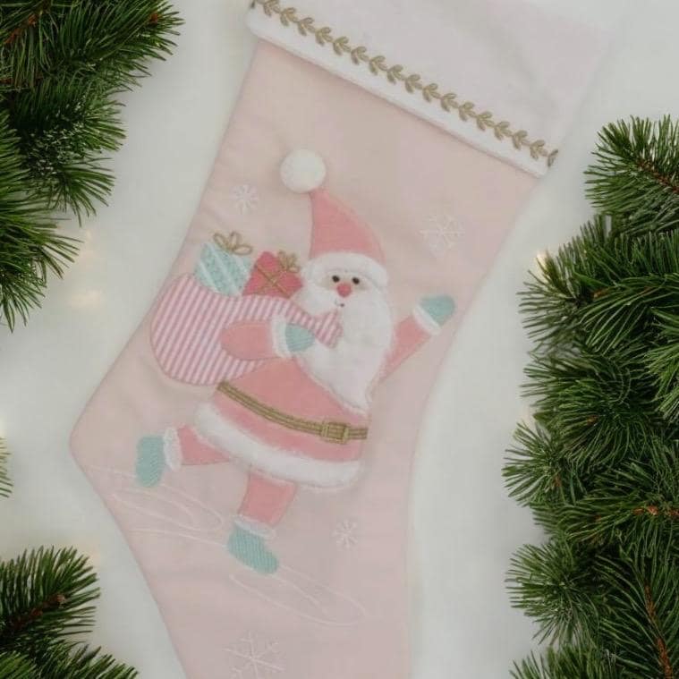 Personalized Pink Christmas Stocking: Applique Design, Baby's First Christmas