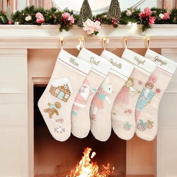 Personalized Pink Christmas Stocking: Applique Design, Baby's First Christmas