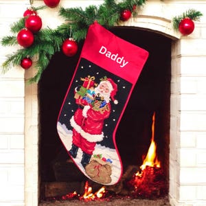 Santa w/Gifts on Black Personalized Needlepoint Christmas Stocking,  Family Holiday Stockings, Personalized Gifts for Her, Seasonal Decor
