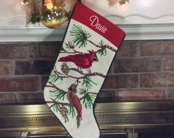 Cardinal Christmas Stocking, Personalized Stockings, Needlepoint Christmas personalised stockings, Family Holiday stockings