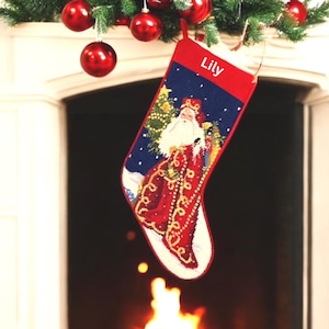 Santa Christmas Stocking: Handmade Needlepoint with Personalized Embroidered Name