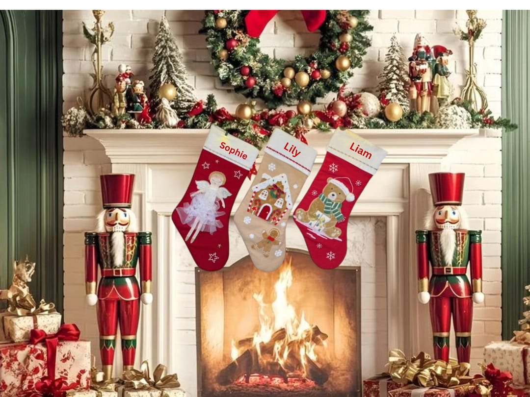 Personalized Christmas Stocking for Kids: Red Applique Stocking - Teddy Bear, Mayah-Red