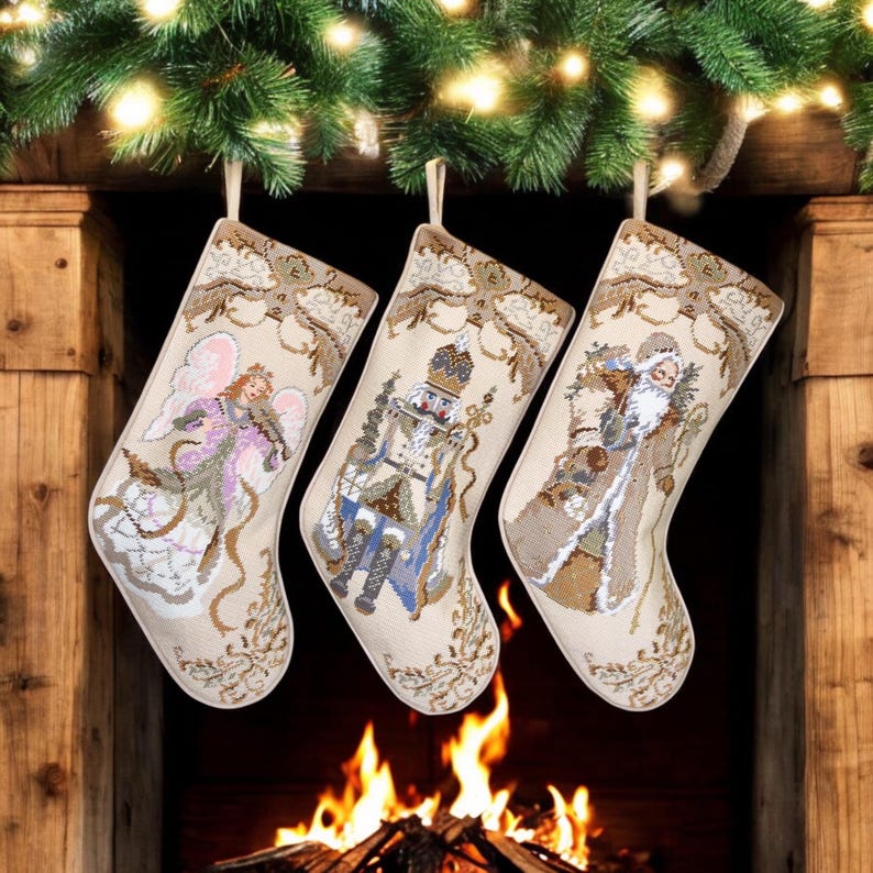 Personalized Christmas Stocking Embroidered Elegant stocking, Old World Elegance for Family Holiday Decor, Angel, Nutcracker and Santa
