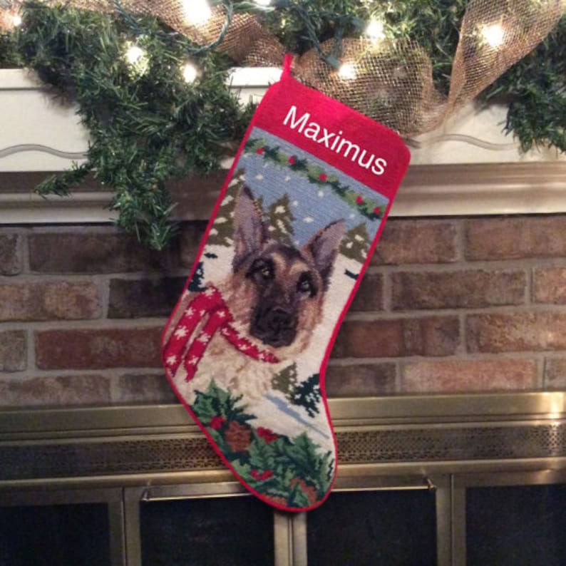 German Shepherd Personalized Needlepoint Dog Christmas Stocking, Holiday Pet stockings, Personalized Seasonal Gift for Her, Dog Stocking image 3