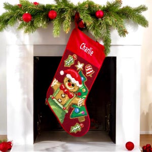 Gingerbread  Personalized Needlepoint Christmas stocking, Holiday Heirloom stockings for the Family, Baby&#39;s First Christmas
