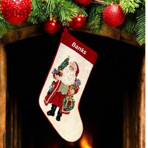 Personalized Santa Needlepoint Christmas Stocking: Wool Monogrammed Holiday Decor