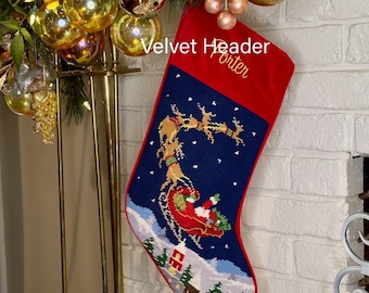 Santa and Reindeer Personalized Needlepoint Christmas Stockings, Monogrammed  Holiday Family Stockings