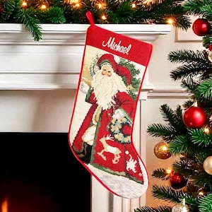 Santa Christmas Stocking, Personalized Needlepoint Stocking, Traditional Home Decor