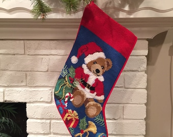 Teddy Bear Personalized Needlepint Christmas Stockings, Holiday Family Seasonal decor stocking, personalised monogrammed children stocking