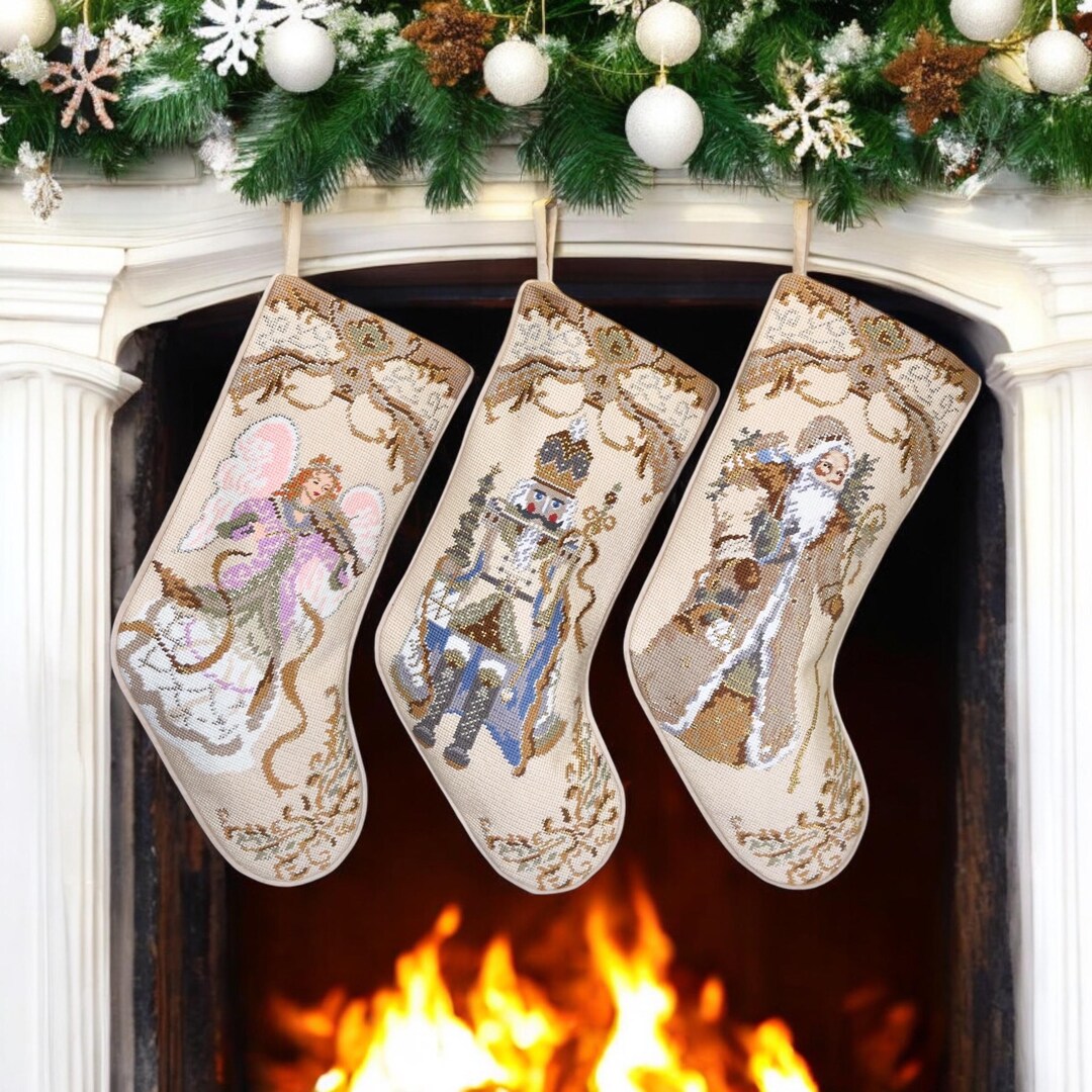 Personalized Christmas Stocking Embroidered Elegant stocking, Old World Elegance for Family Holiday Decor, Angel, Nutcracker and Santa