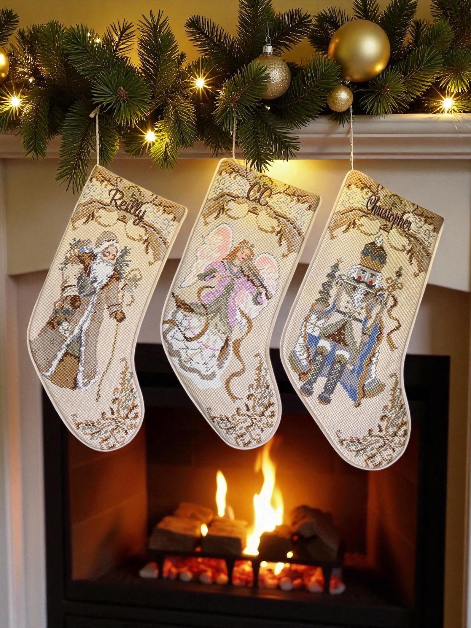 Personalized Christmas Stocking Embroidered Elegant stocking, Old World Elegance for Family Holiday Decor, Angel, Nutcracker and Santa