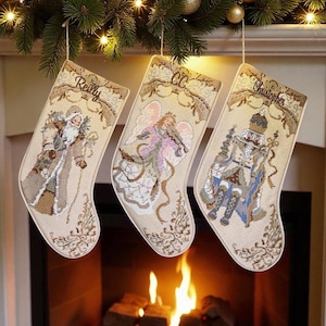 Personalized Christmas Stocking Embroidered Elegant stocking,  Old World Elegance for Family Holiday Decor, Angel, Nutcracker and Santa