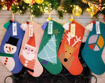 Christmas Stockings Personalized Hook Stocking Family Hooked Stockings Gift for Santa Reindeer Lover Snowman Peace Sign and Christmas Tree