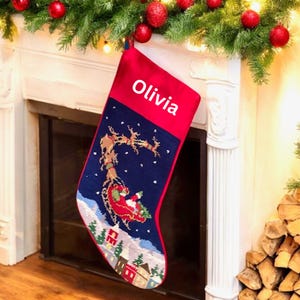 Personalized Santa Needlepoint Christmas Stocking: Wool Holiday Decor with Red Velvet Header