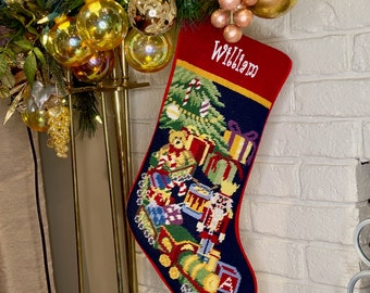 Personalized Needlepoint Christmas stockings-Toys,  Family Holiday personalised embroidered stocking Seasonal Christmas Decor