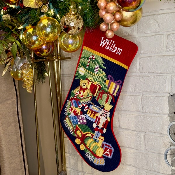 Personalized Needlepoint Christmas stockings-Toys,  Family Holiday personalised embroidered stocking Seasonal Christmas Decor