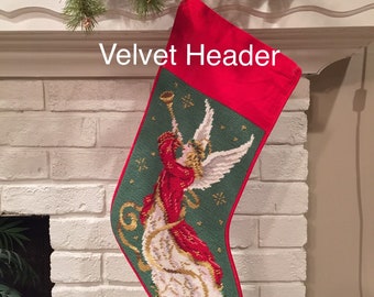 Angel w/Trumpet Personalized Needlepoint Christmas Stocking, monogrammed Family Holiday stockings, personalised Christmas Decor